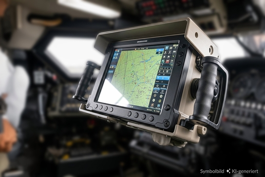 The image shows a rugged touchscreen display mounted in a cockpit, featuring a navigation map and various control buttons.