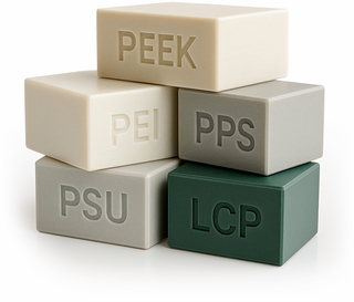 The image features a stack of rectangular blocks labeled with the names of different materials: PEEK, PEI, PPS, PSU, and LCP.