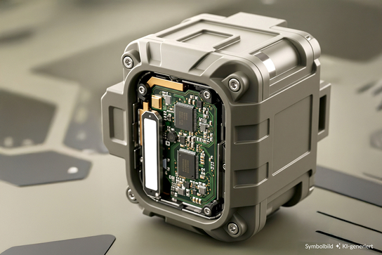 The image shows a compact electronic device with a protective casing, revealing internal circuitry.