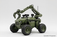 The image features a military-style robotic vehicle equipped with an articulated arm and cameras.